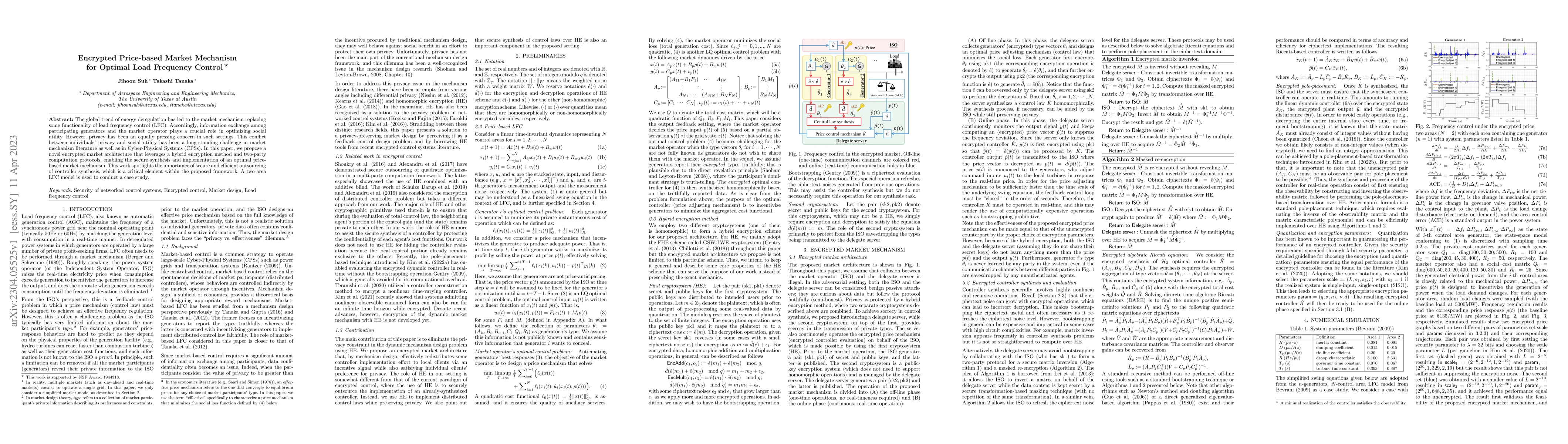 Thumbnail for Encrypted Price-based Market Mechanism for Optimal Load Frequency
  Control