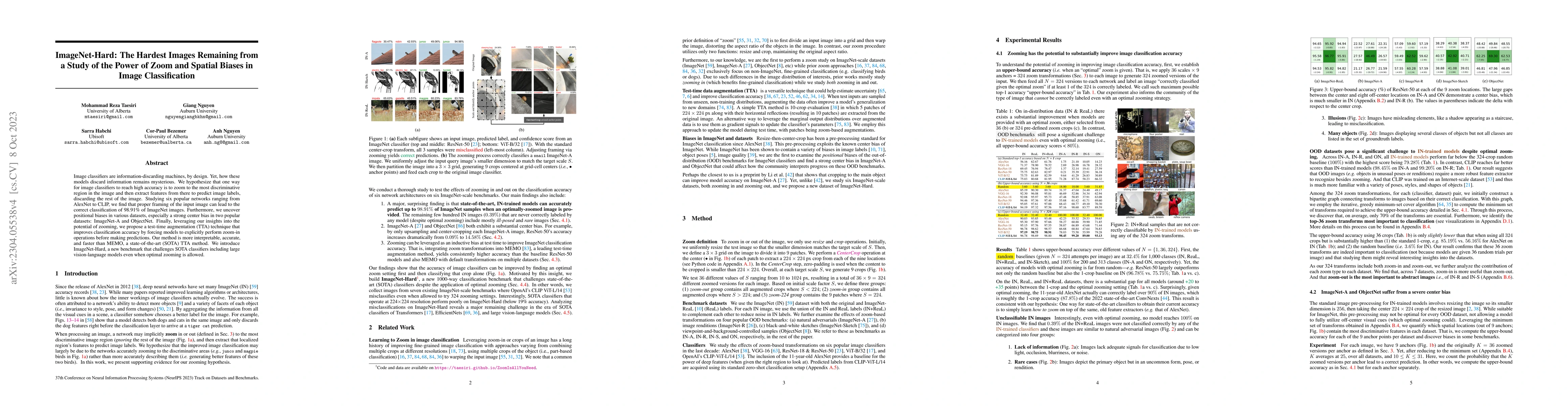 Thumbnail for ImageNet-Hard: The Hardest Images Remaining from a Study of the Power of
  Zoom and Spatial Biases in Image Classification