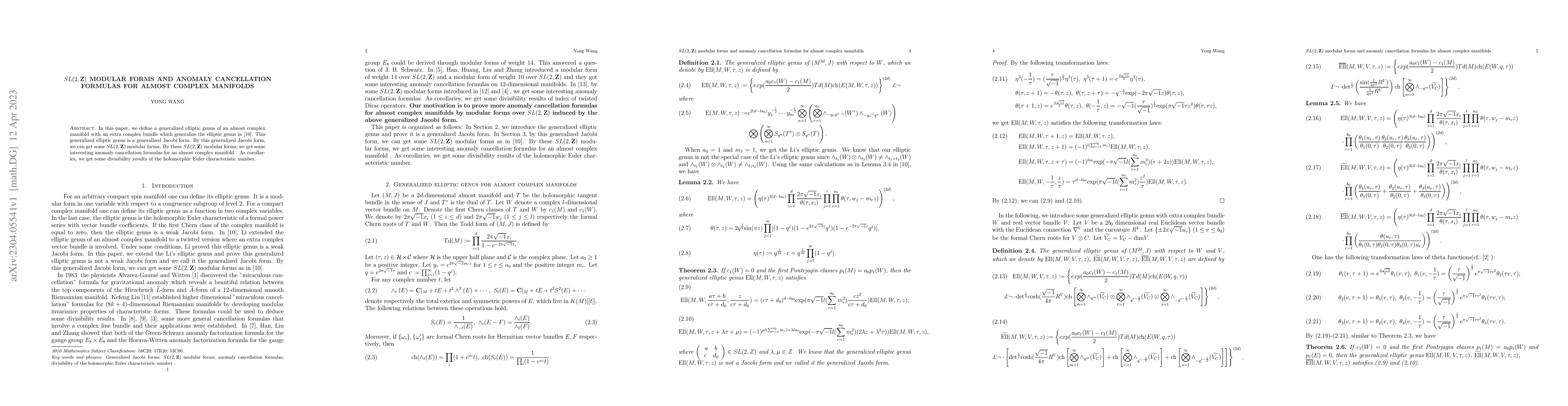 Thumbnail for SL(2,Z) modular forms and anomaly cancellation formulas for almost
  complex manifolds