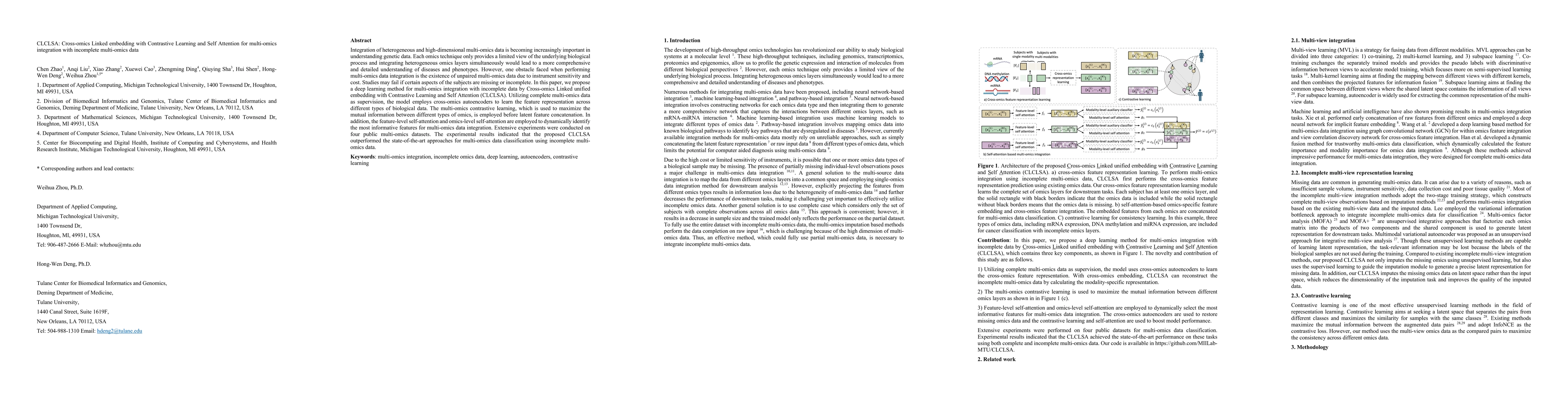 Thumbnail for CLCLSA: Cross-omics Linked embedding with Contrastive Learning and Self
  Attention for multi-omics integration with incomplete multi-omics data