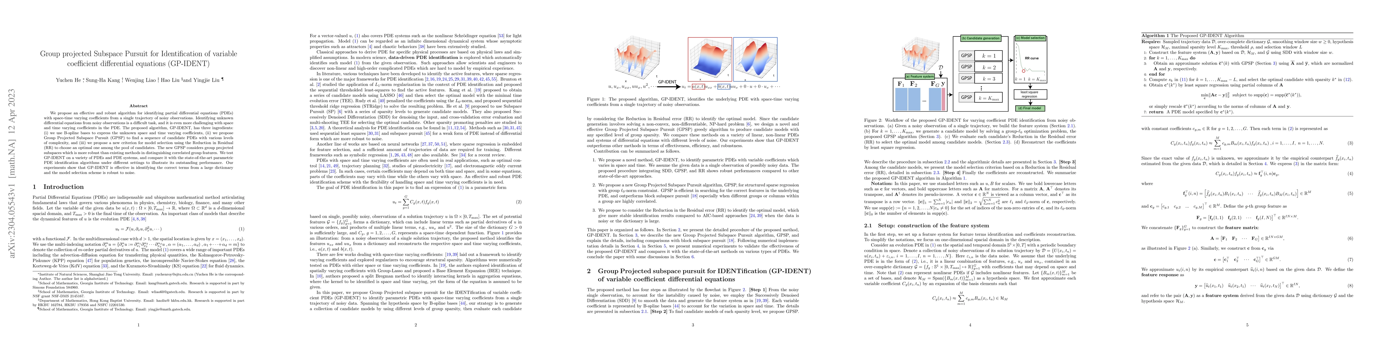 Thumbnail for Group projected Subspace Pursuit for Identification of variable
  coefficient differential equations (GP-IDENT)