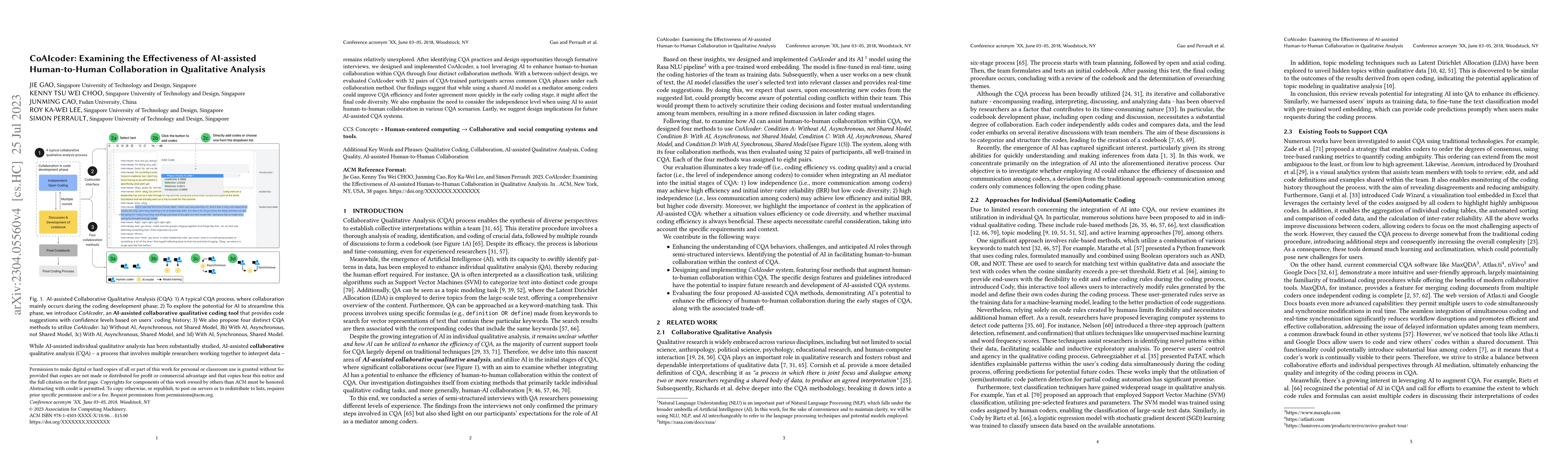 Thumbnail for CoAIcoder: Examining the Effectiveness of AI-assisted Human-to-Human
  Collaboration in Qualitative Analysis