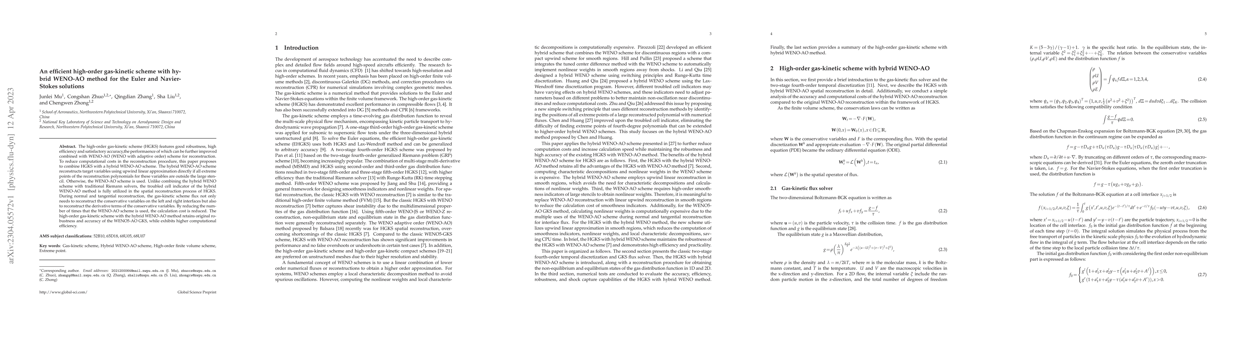 Thumbnail for An efficient high-order gas-kinetic scheme with hybrid WENO-AO method
  for the Euler and Navier-Stokes solutions