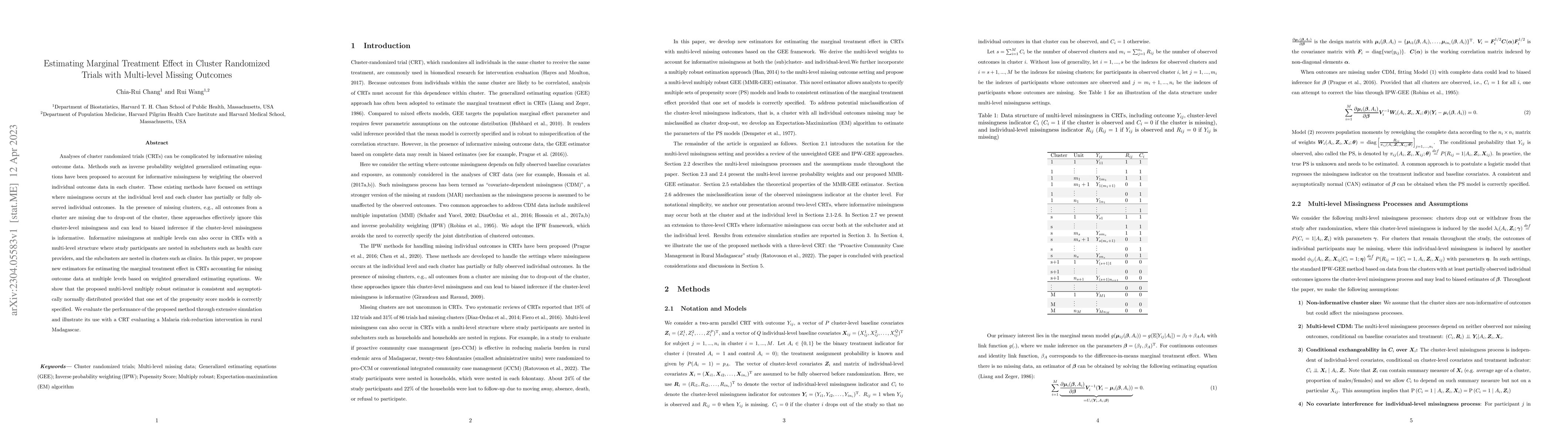 Thumbnail for Estimating Marginal Treatment Effect in Cluster Randomized Trials with
  Multi-level Missing Outcomes