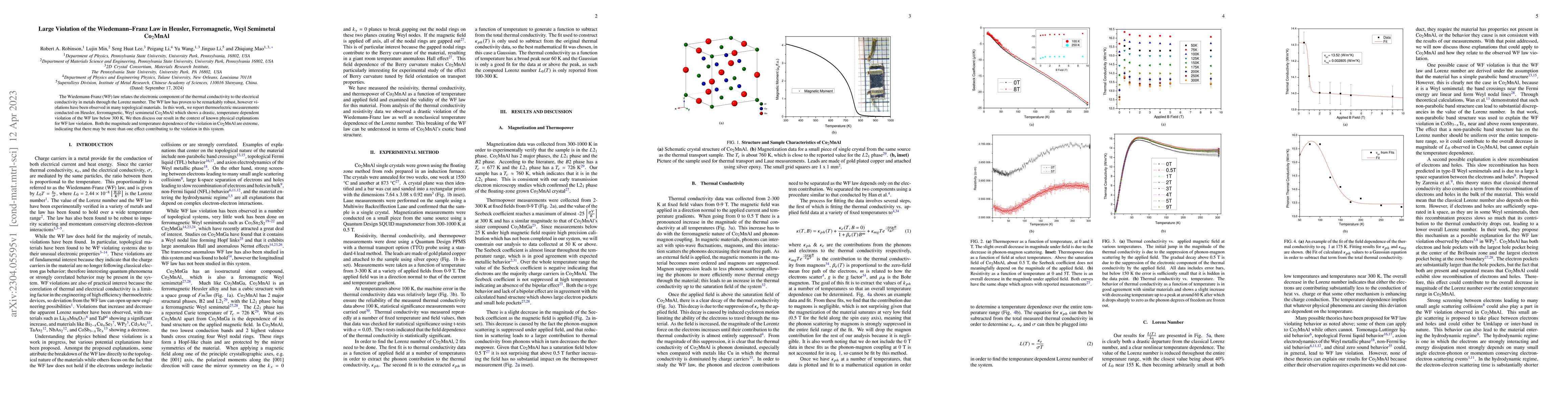 Thumbnail for Large Violation of the Wiedemann Franz Law in Heusler, Ferromagnetic,
  Weyl Semimetal Co$_2$MnAl