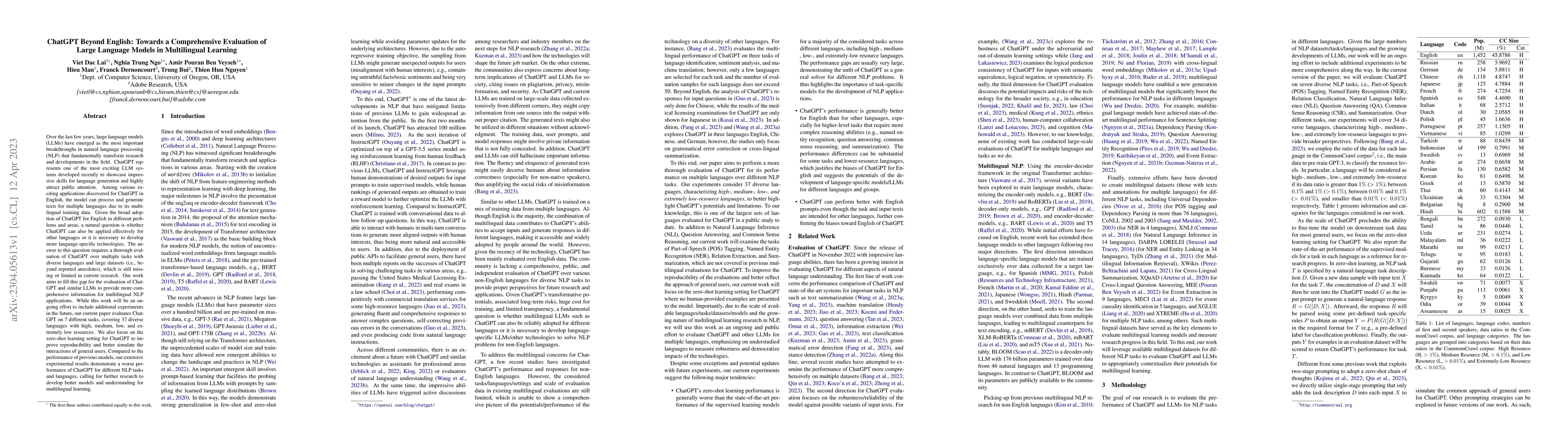 Thumbnail for ChatGPT Beyond English: Towards a Comprehensive Evaluation of Large
  Language Models in Multilingual Learning
