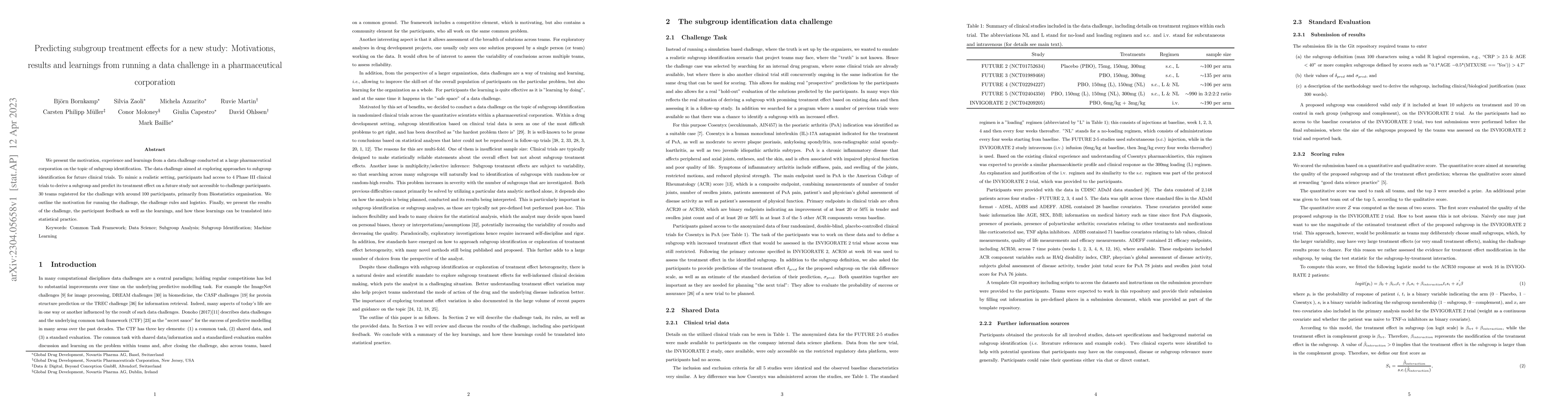 Thumbnail for Predicting subgroup treatment effects for a new study: Motivations,
  results and learnings from running a data challenge in a pharmaceutical
  corporation