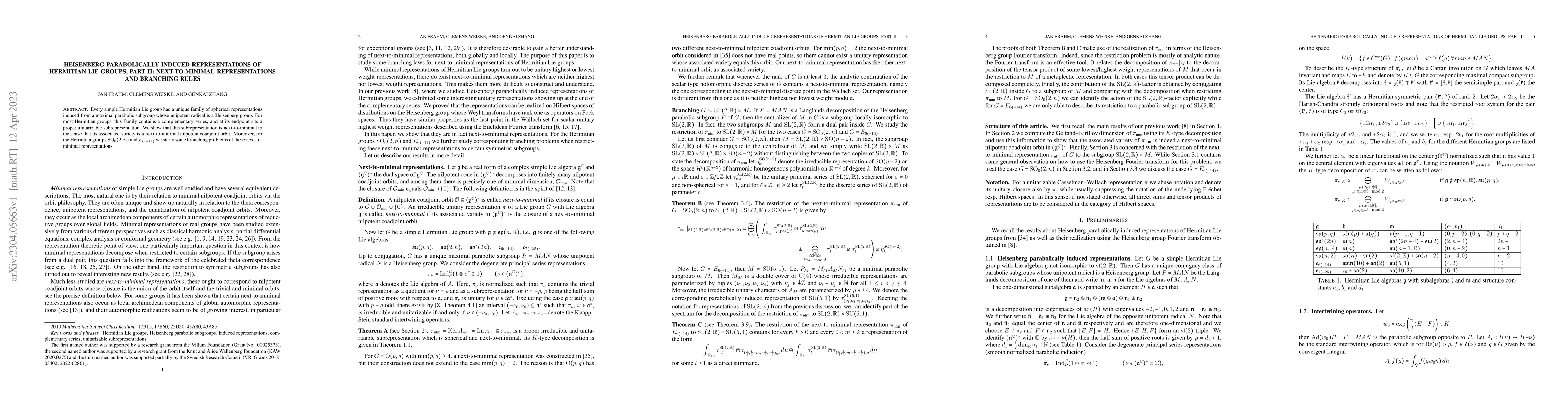 Thumbnail for Heisenberg parabolically induced representations of Hermitian Lie
  groups, Part II: Next-to-minimal representations and branching rules