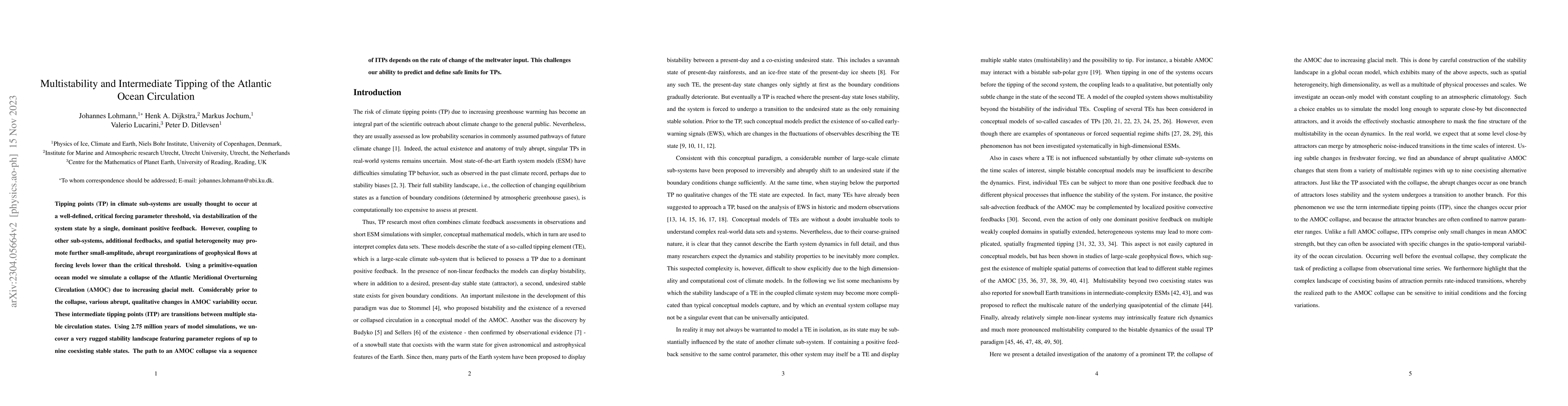 Thumbnail for Multistability and Intermediate Tipping of the Atlantic Ocean
  Circulation
