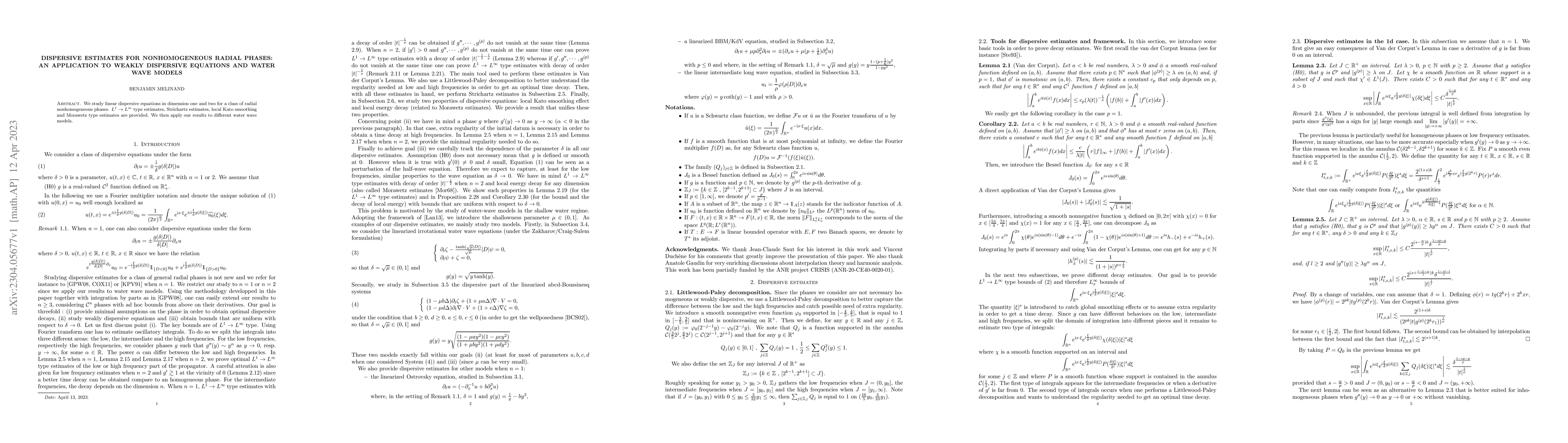 Thumbnail for Dispersive estimates for nonhomogeneous radial phases: an application to
  weakly dispersive equations and water wave models