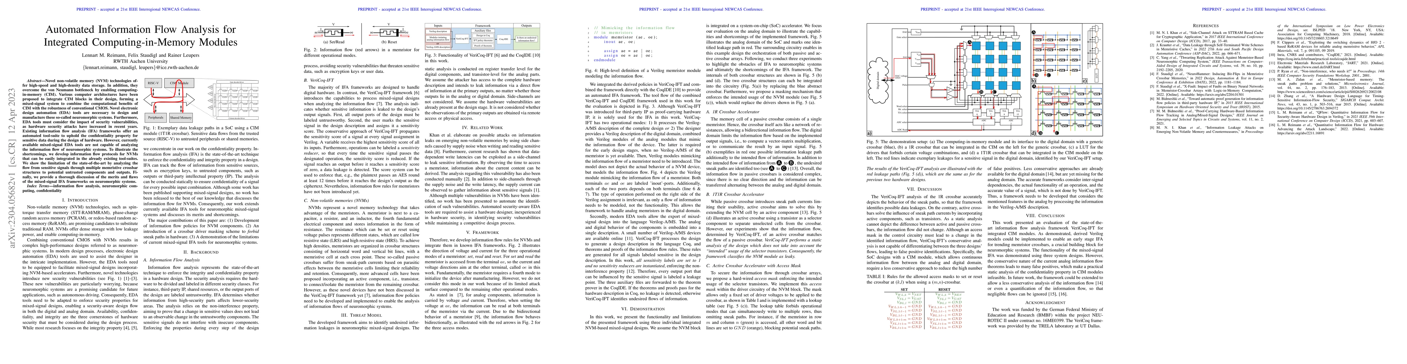 Thumbnail for Automated Information Flow Analysis for Integrated Computing-in-Memory
  Modules