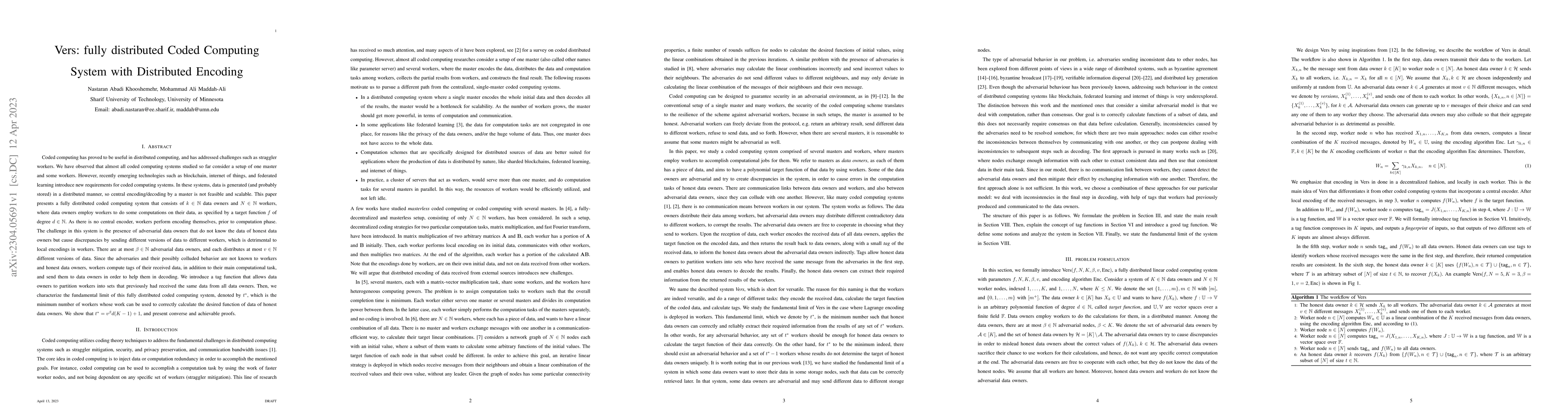 Thumbnail for Vers: fully distributed Coded Computing System with Distributed Encoding
