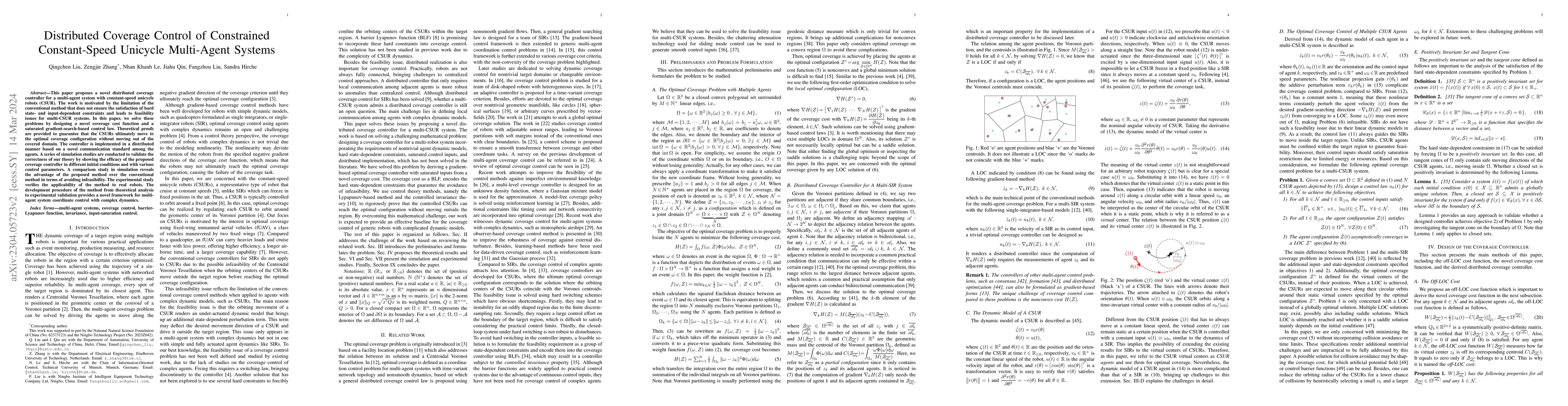 Thumbnail for Distributed Coverage Control of Constrained Constant-Speed Unicycle
  Multi-Agent Systems