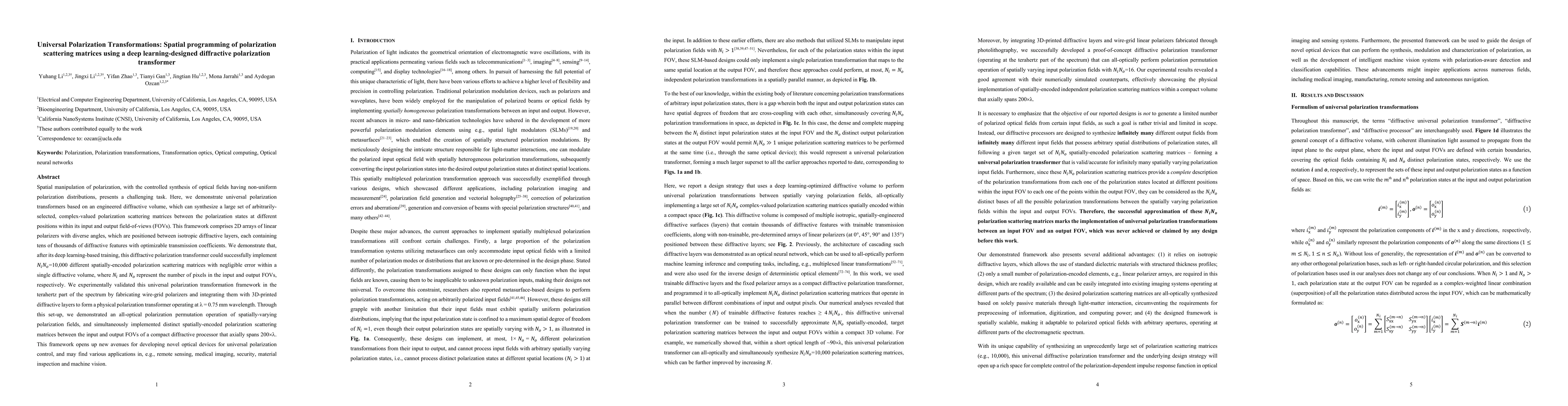 Thumbnail for Universal Polarization Transformations: Spatial programming of
  polarization scattering matrices using a deep learning-designed diffractive
  polarization transformer