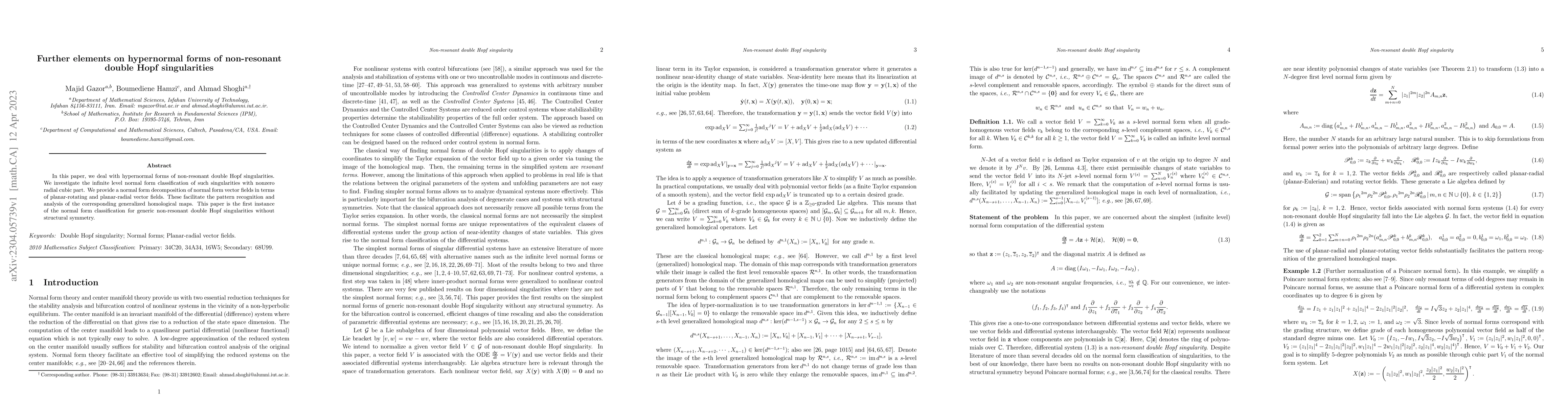 Thumbnail for Further elements on hypernormal forms of non-resonant double Hopf
  singularities