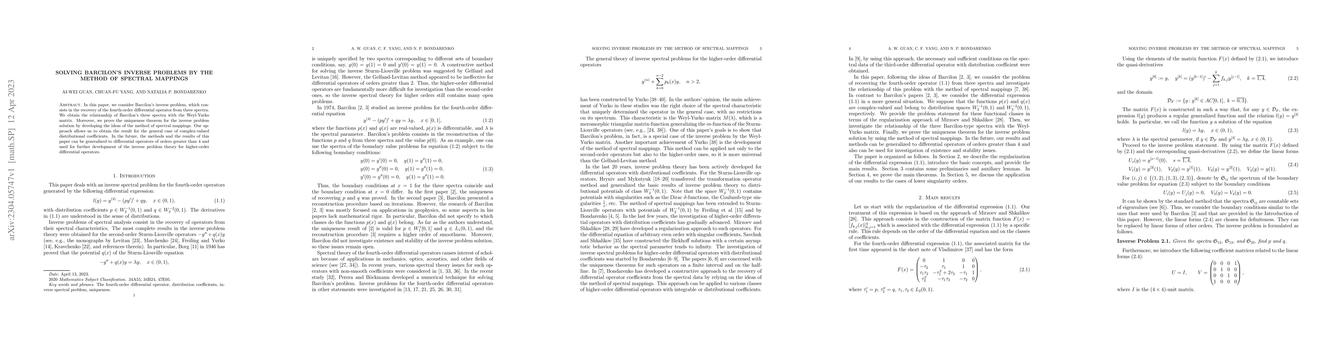 Thumbnail for Solving Barcilon's inverse problems by the method of spectral mappings