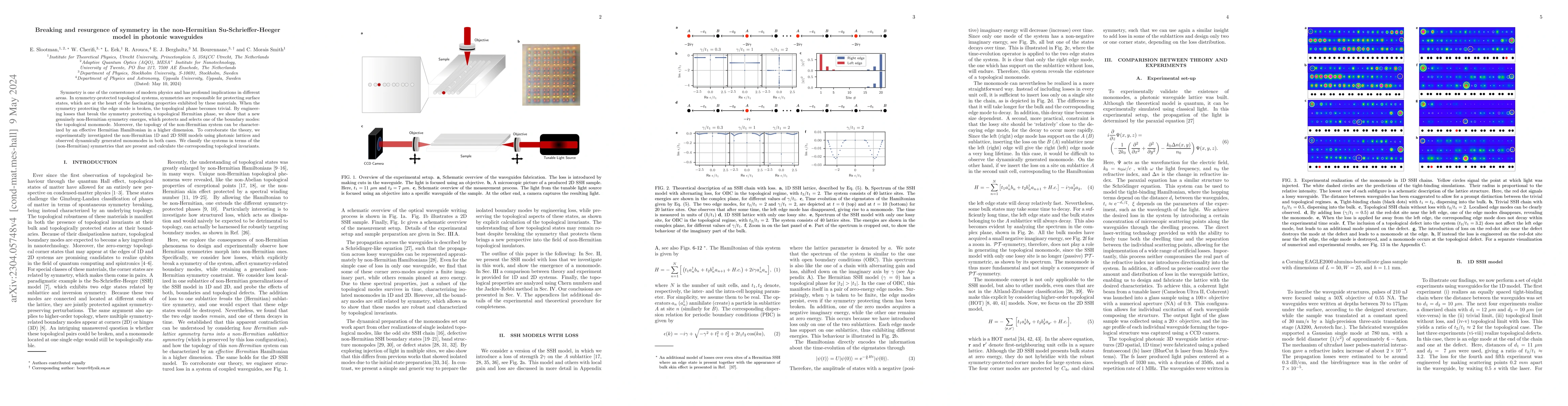 Thumbnail for Breaking and resurgence of symmetry in the non-Hermitian
  Su-Schrieffer-Heeger model in photonic waveguides