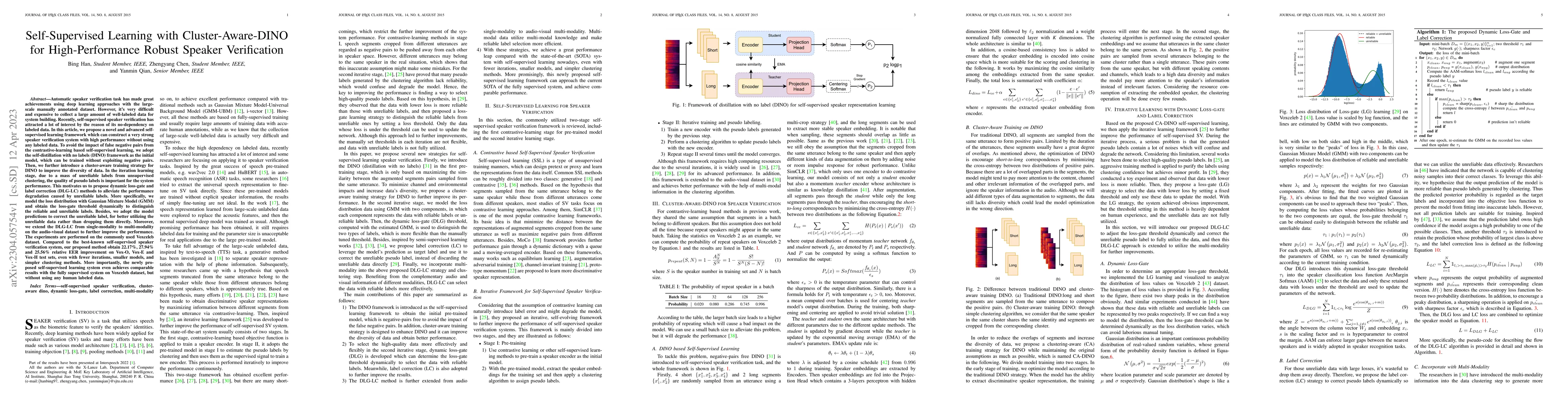 Thumbnail for Self-Supervised Learning with Cluster-Aware-DINO for High-Performance
  Robust Speaker Verification