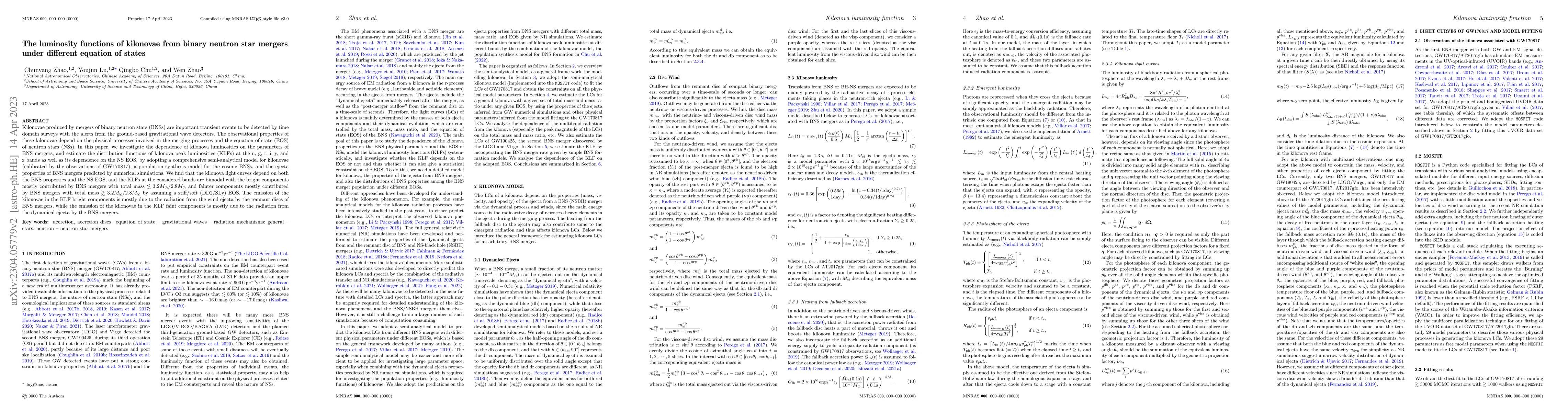 Thumbnail for The luminosity functions of kilonovae from binary neutron star mergers
  under different equation of states