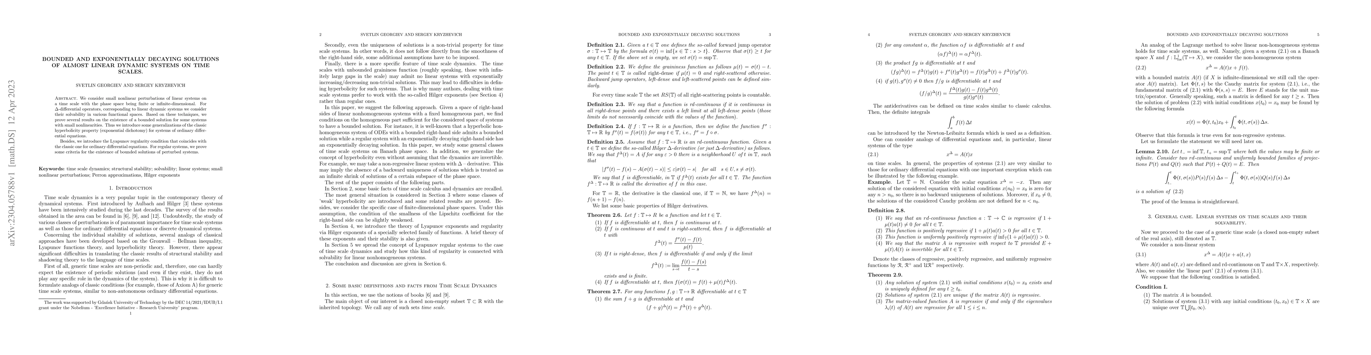 Thumbnail for Bounded and exponentially decaying solutions of almost linear dynamic
  systems on time scales