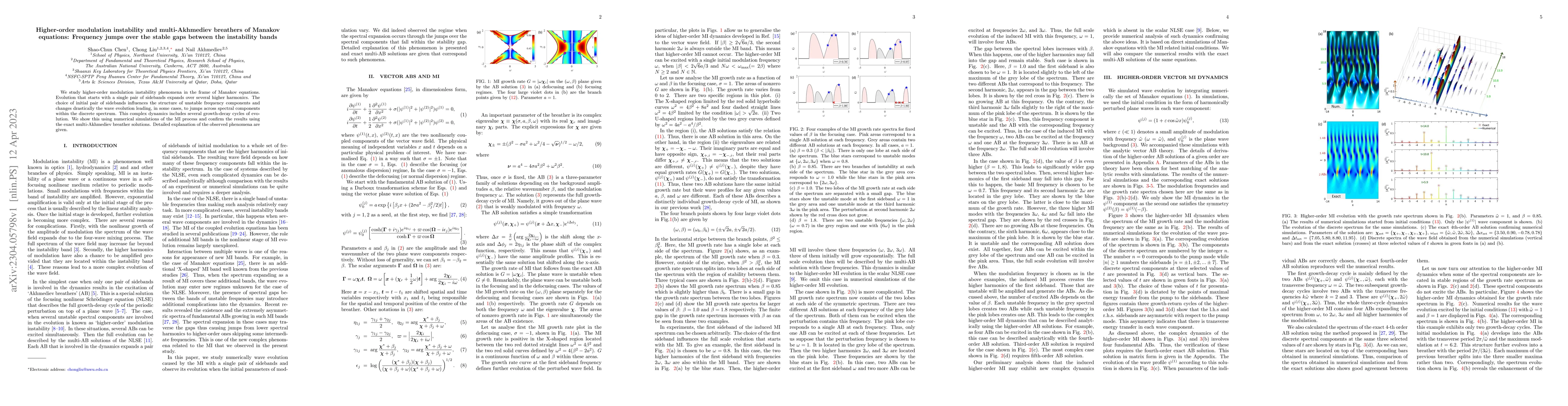 Thumbnail for Higher-order modulation instability and multi-Akhmediev breathers of
  Manakov equations: Frequency jumps over the stable gaps between the
  instability bands