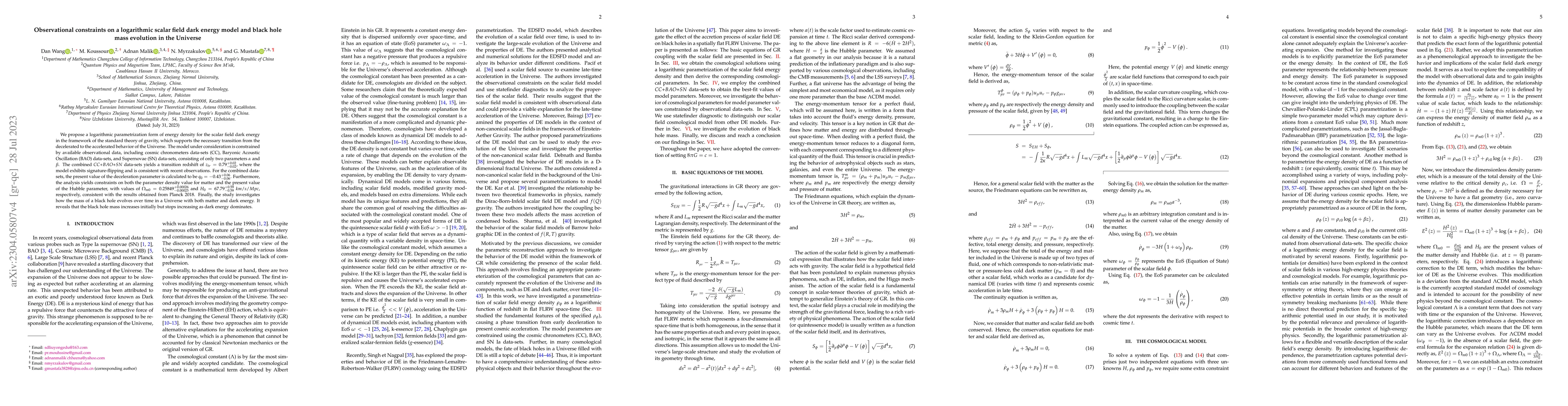 Thumbnail for Observational constraints on a logarithmic scalar field dark energy
  model and black hole mass evolution in the Universe