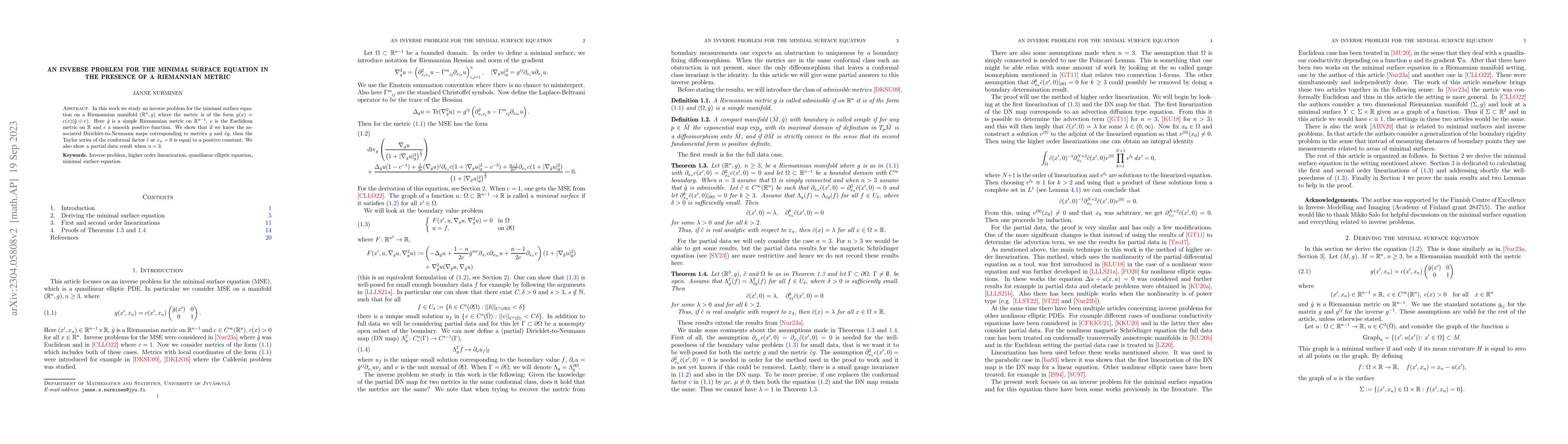 Thumbnail for An inverse problem for the minimal surface equation in the presence of a
  Riemannian metric