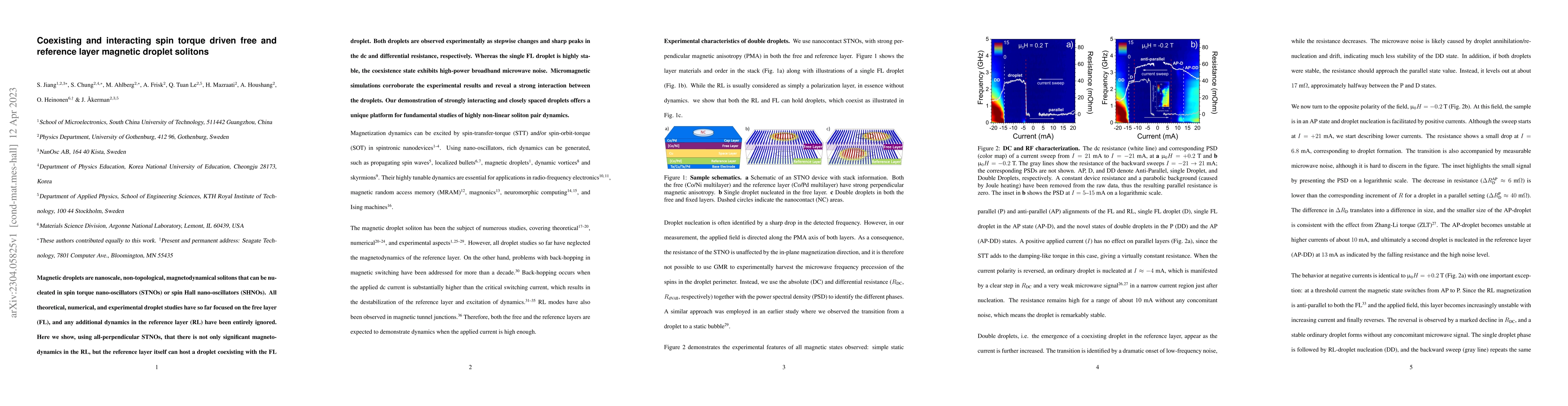 Thumbnail for Coexisting and interacting spin torque driven free and reference layer
  magnetic droplet solitons