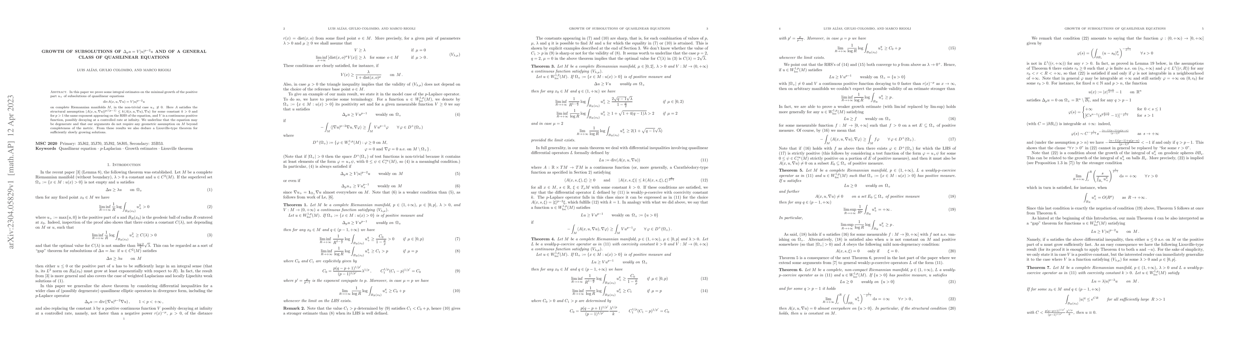 Thumbnail for Growth of subsolutions of $\Delta_p u = V|u|^{p-2}u$ and of a general
  class of quasilinear equations