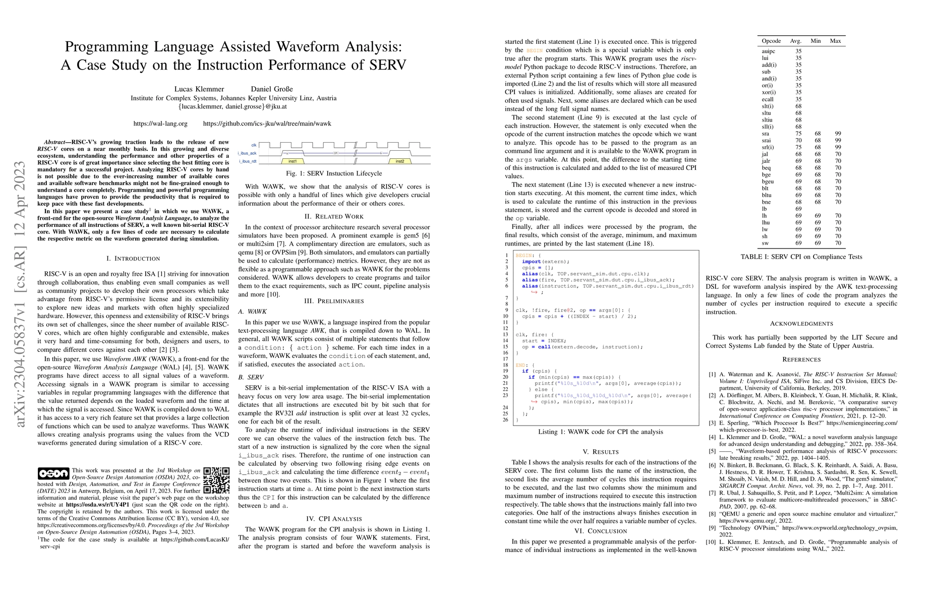 Thumbnail for Programming Language Assisted Waveform Analysis: A Case Study on the
  Instruction Performance of SERV