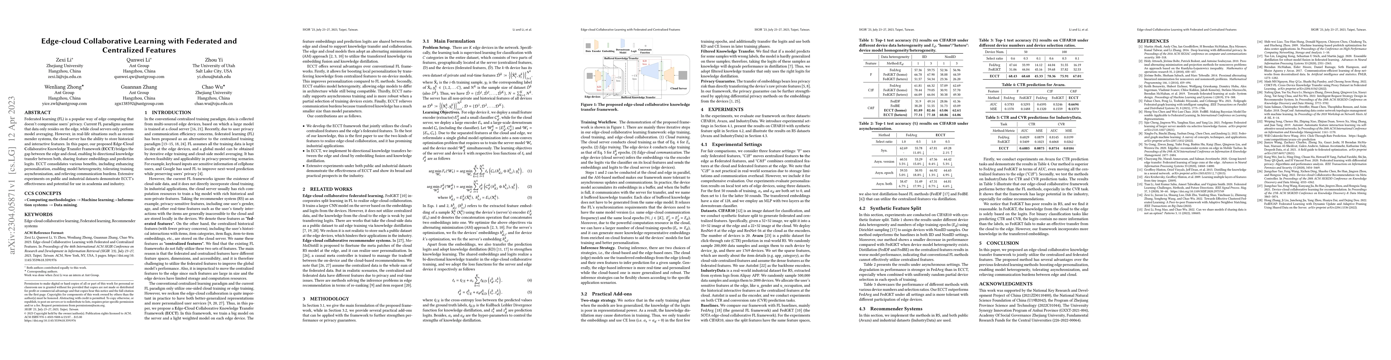 Thumbnail for Edge-cloud Collaborative Learning with Federated and Centralized
  Features