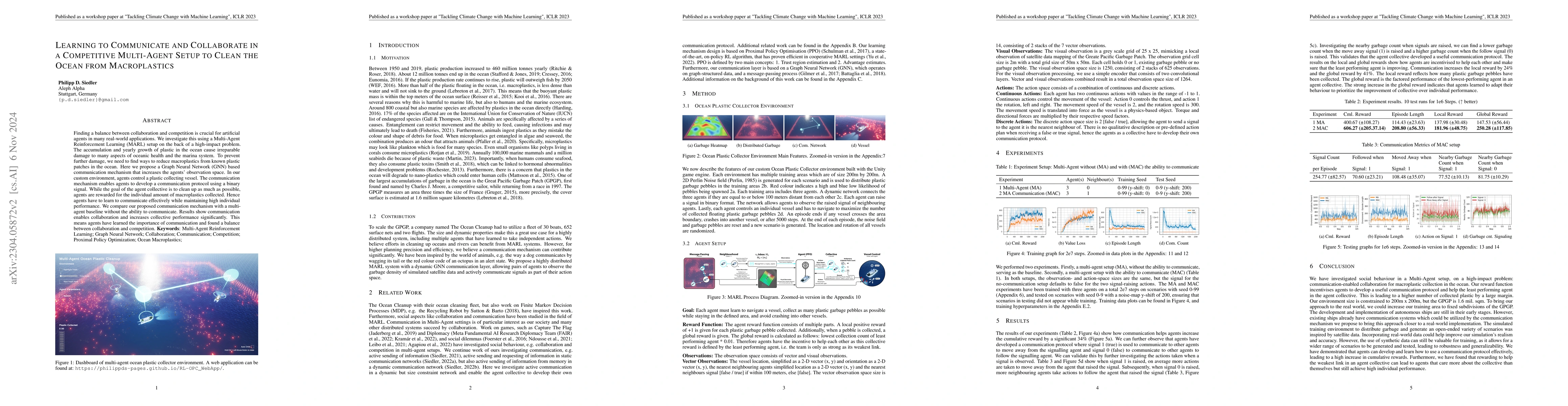 Thumbnail for Learning to Communicate and Collaborate in a Competitive Multi-Agent
  Setup to Clean the Ocean from Macroplastics