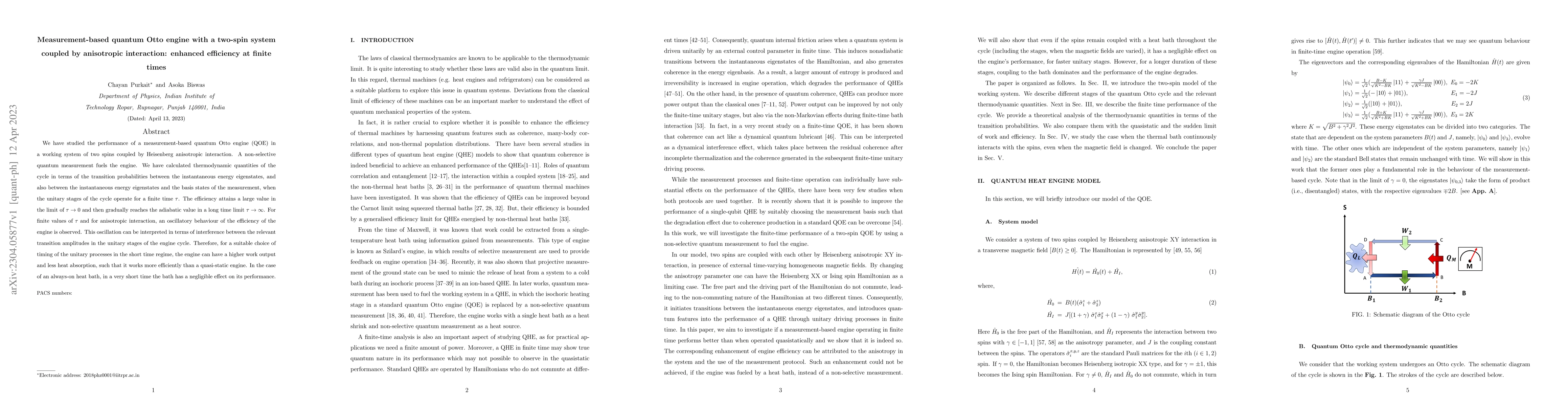 Thumbnail for Measurement-based quantum Otto engine with a two-spin system coupled by
  anisotropic interaction: enhanced efficiency at finite times
