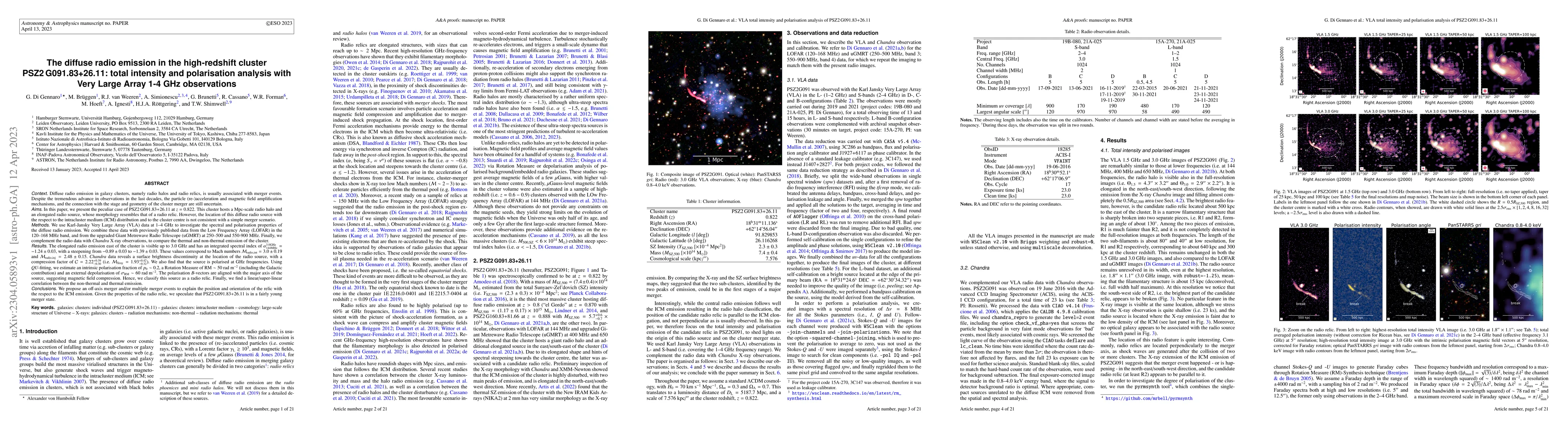 Thumbnail for The diffuse radio emission in the high-redshift cluster PSZ2
  G091.83+26.11: total intensity and polarisation analysis with Very Large
  Array 1-4 GHz observations