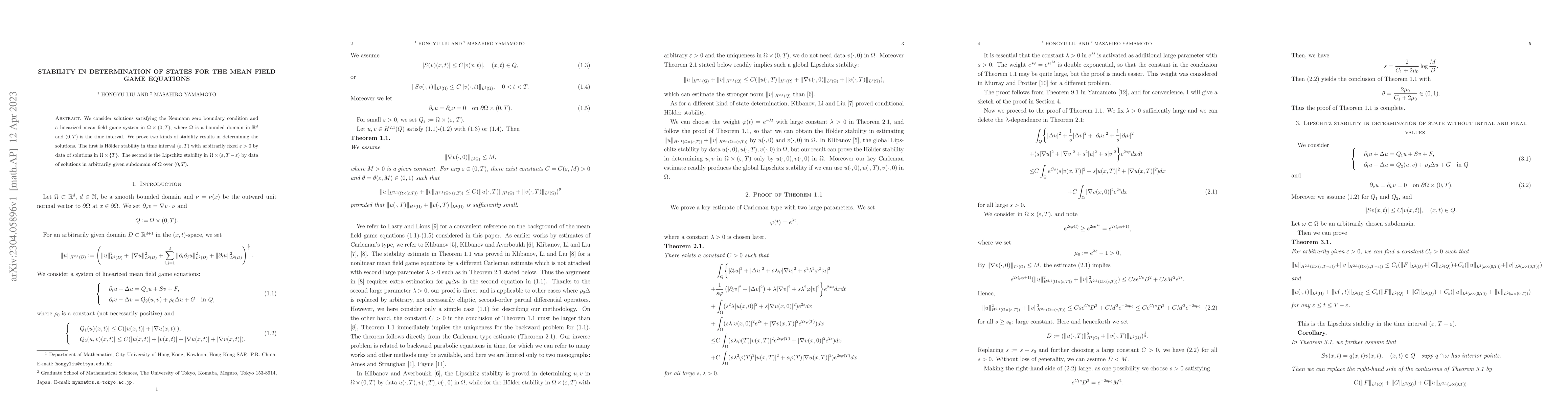Thumbnail for Stability in determination of states for the mean field game equations