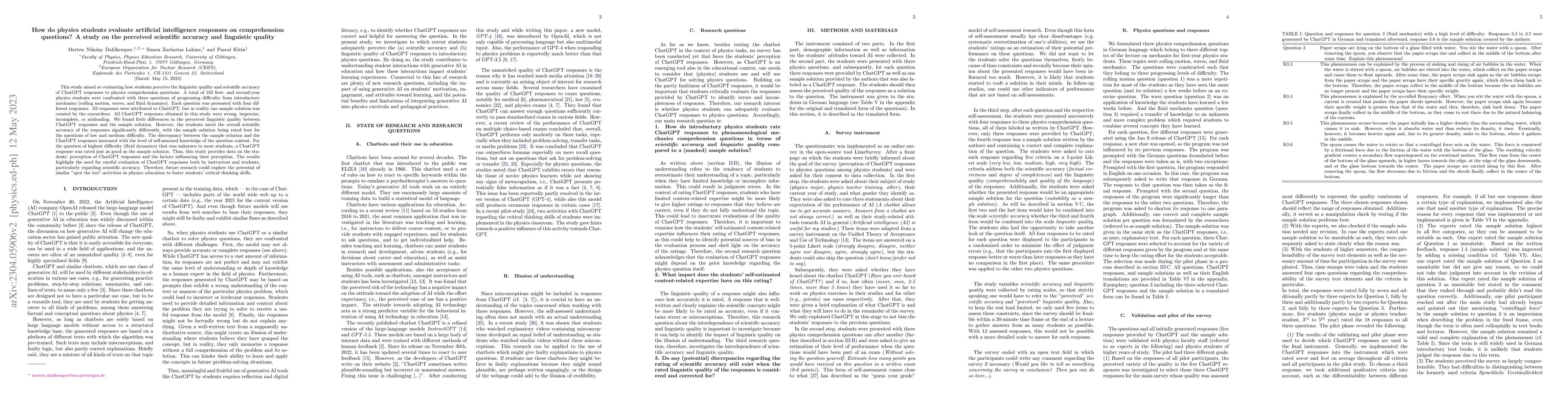 Thumbnail for How do physics students evaluate artificial intelligence responses on
  comprehension questions? A study on the perceived scientific accuracy and
  linguistic quality