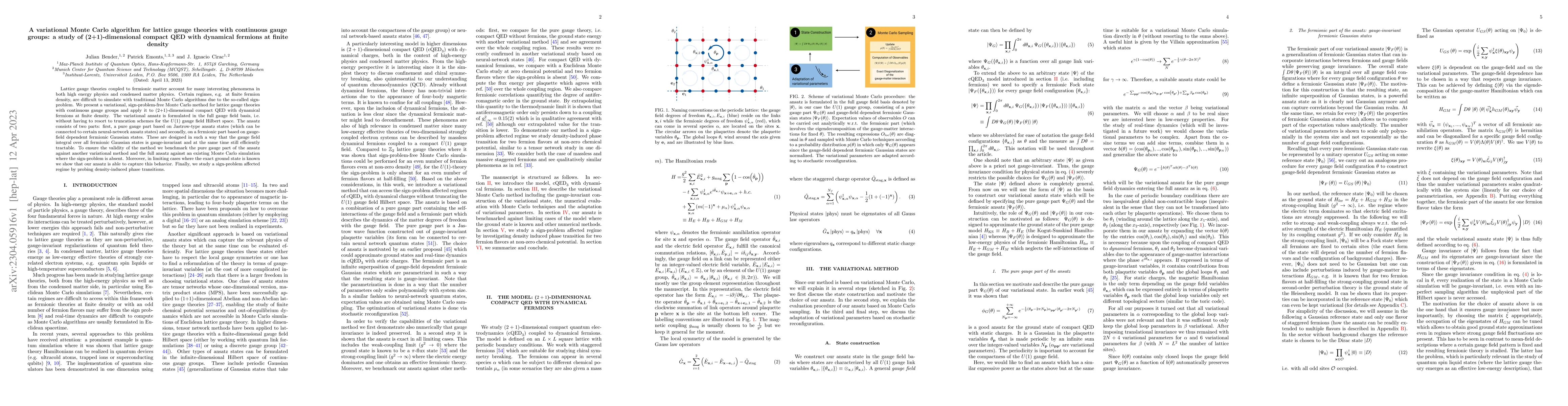 Thumbnail for A variational Monte Carlo algorithm for lattice gauge theories with
  continuous gauge groups: a study of (2+1)-dimensional compact QED with
  dynamical fermions at finite density