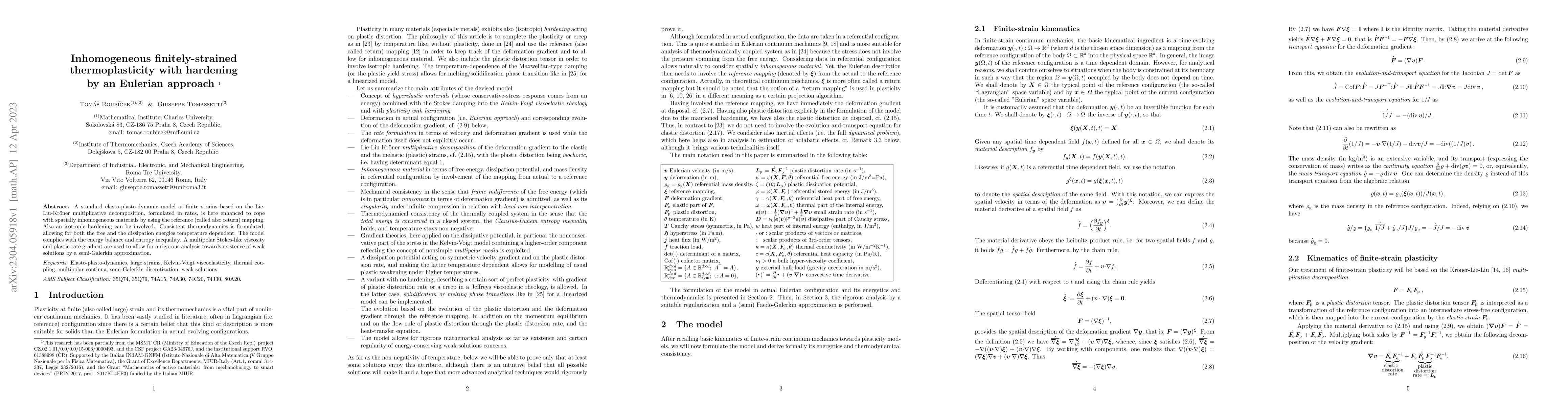 Thumbnail for Inhomogeneous finitely-strained thermoplasticity with hardening by an
  Eulerian approach