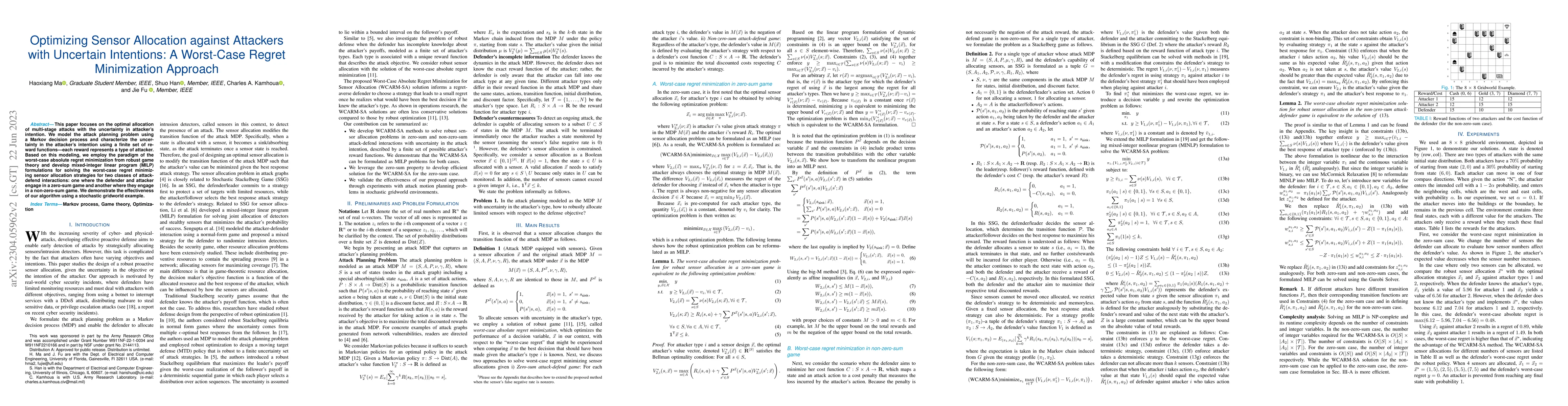 Thumbnail for Optimizing Sensor Allocation against Attackers with Uncertain
  Intentions: A Worst-Case Regret Minimization Approach