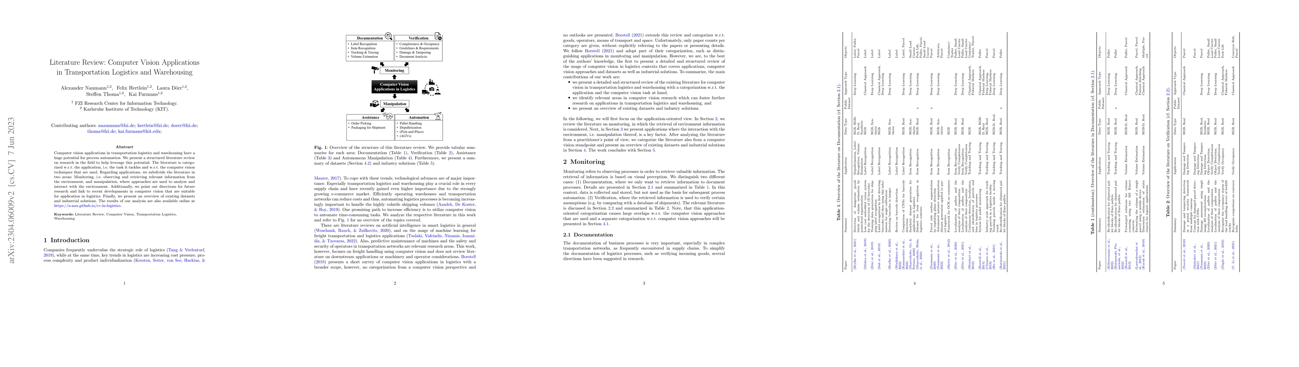 Thumbnail for Literature Review: Computer Vision Applications in Transportation
  Logistics and Warehousing