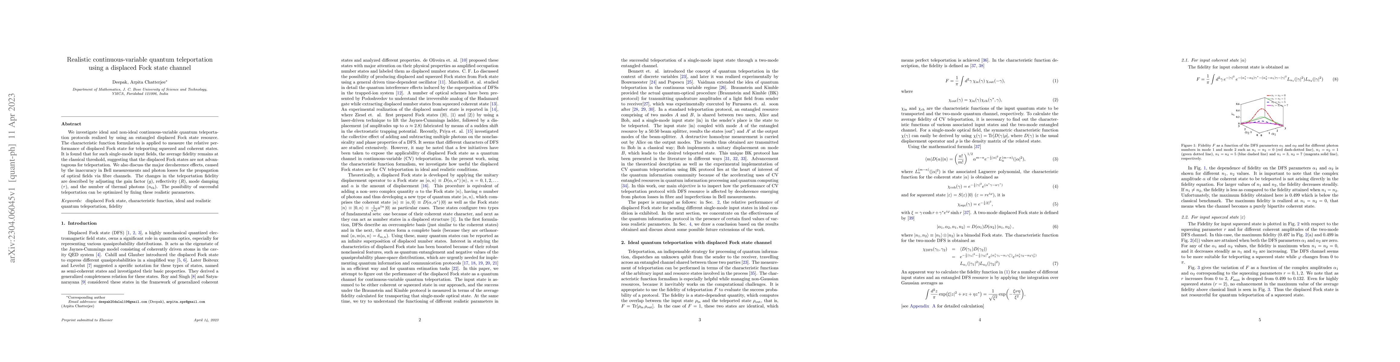 Thumbnail for Realistic continuous-variable quantum teleportation using a displaced
  Fock state channel