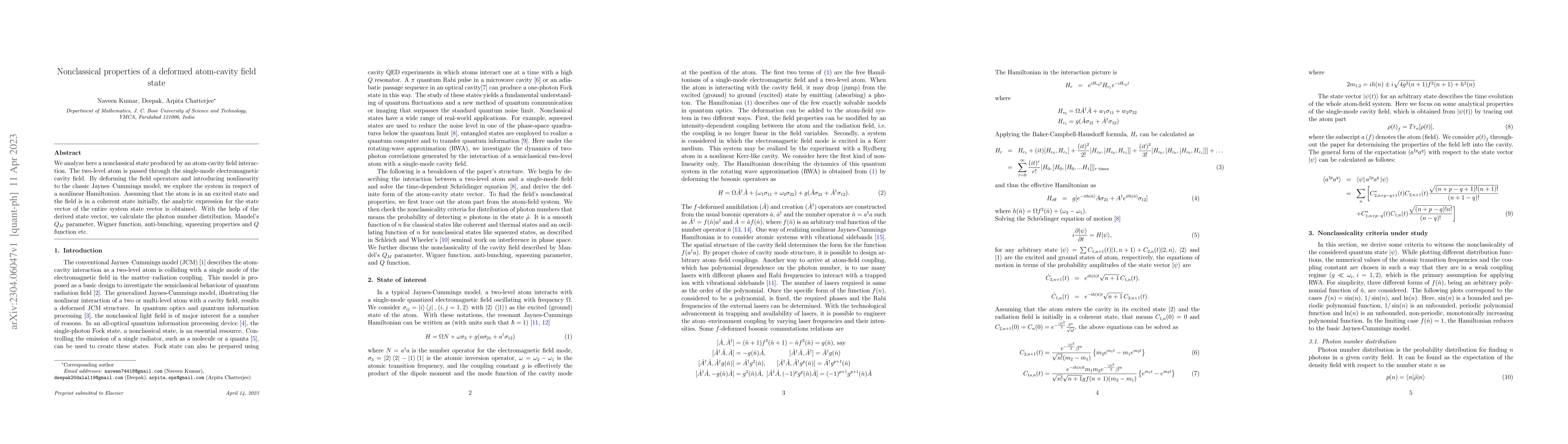 Thumbnail for Nonclassical properties of a deformed atom-cavity field state