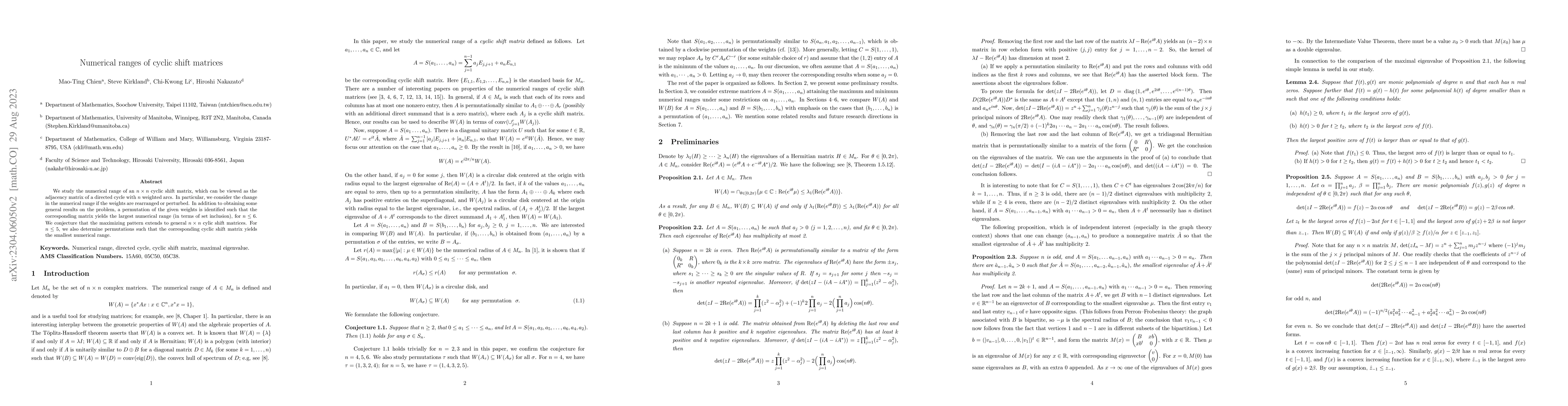 Thumbnail for Numerical ranges of cyclic shift matrices