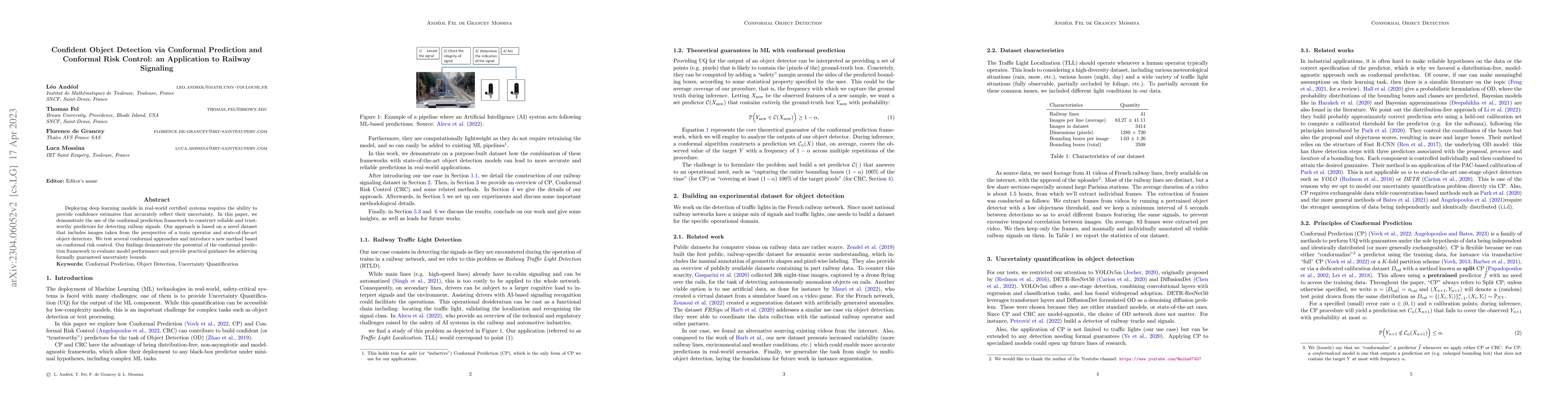 Thumbnail for Confident Object Detection via Conformal Prediction and Conformal Risk
  Control: an Application to Railway Signaling