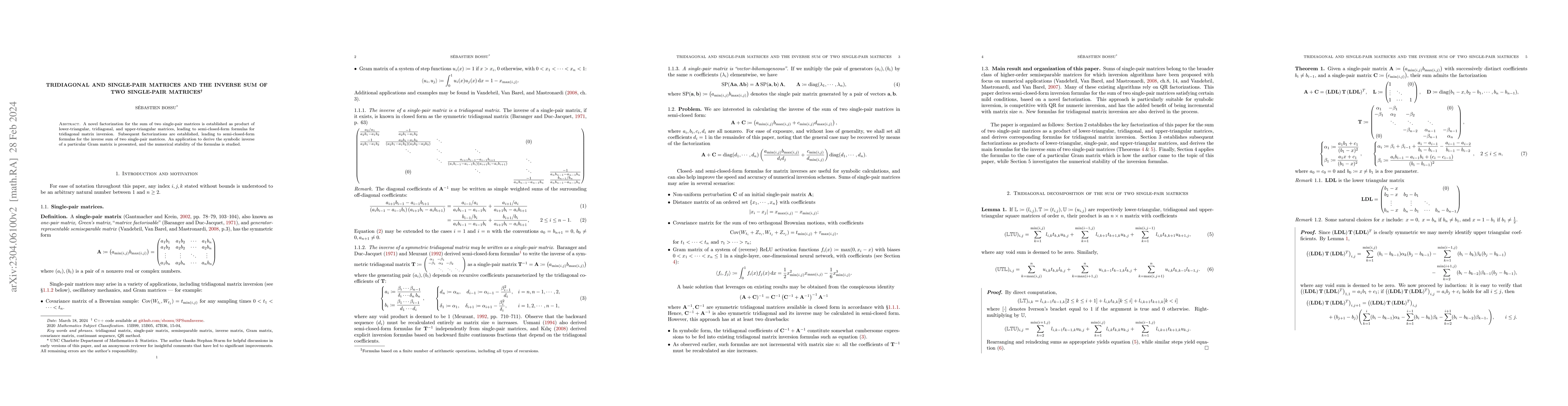 Thumbnail for Tridiagonal and single-pair matrices and the inverse sum of two
  single-pair matrices