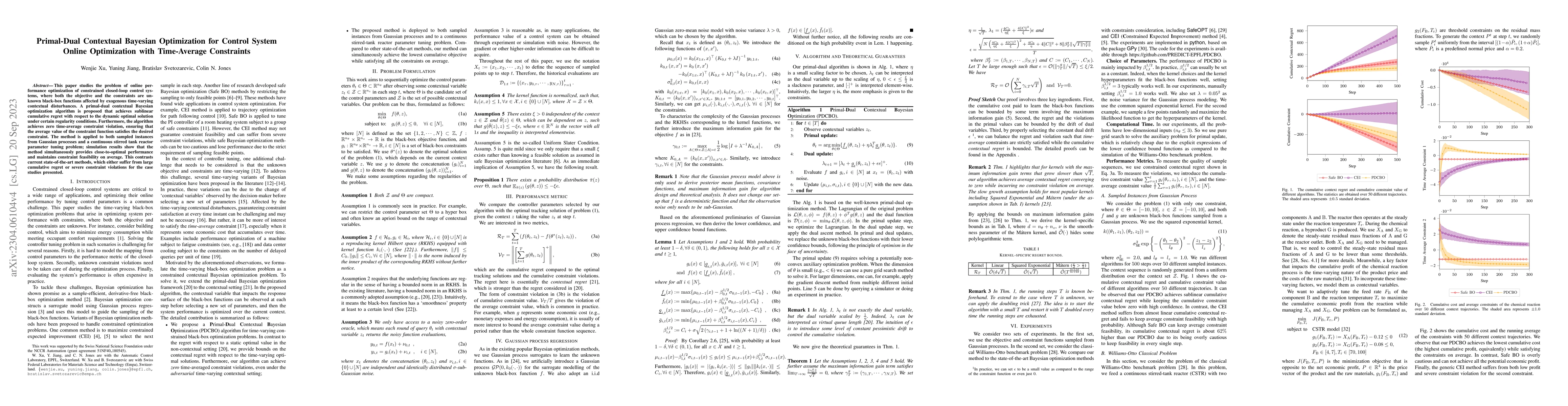 Thumbnail for Primal-Dual Contextual Bayesian Optimization for Control System Online
  Optimization with Time-Average Constraints