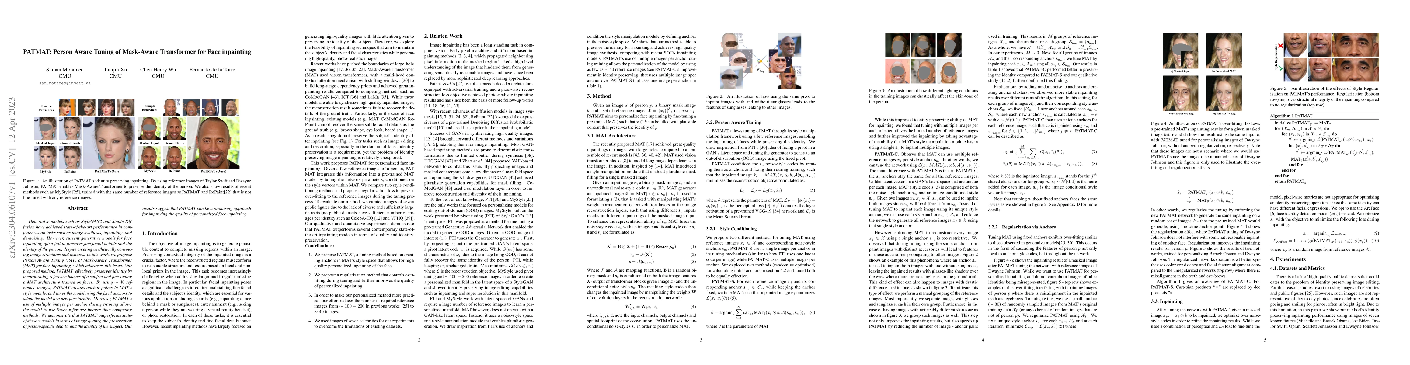 Thumbnail for PATMAT: Person Aware Tuning of Mask-Aware Transformer for Face
  Inpainting