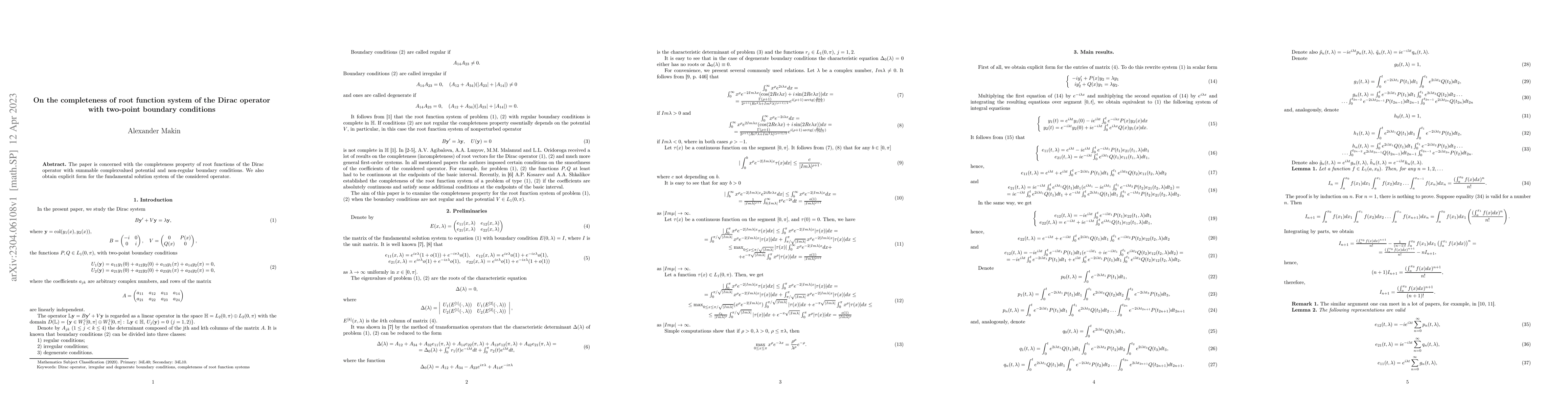 Thumbnail for On the completeness of root function system of the Dirac operator with
  two-point boundary conditions