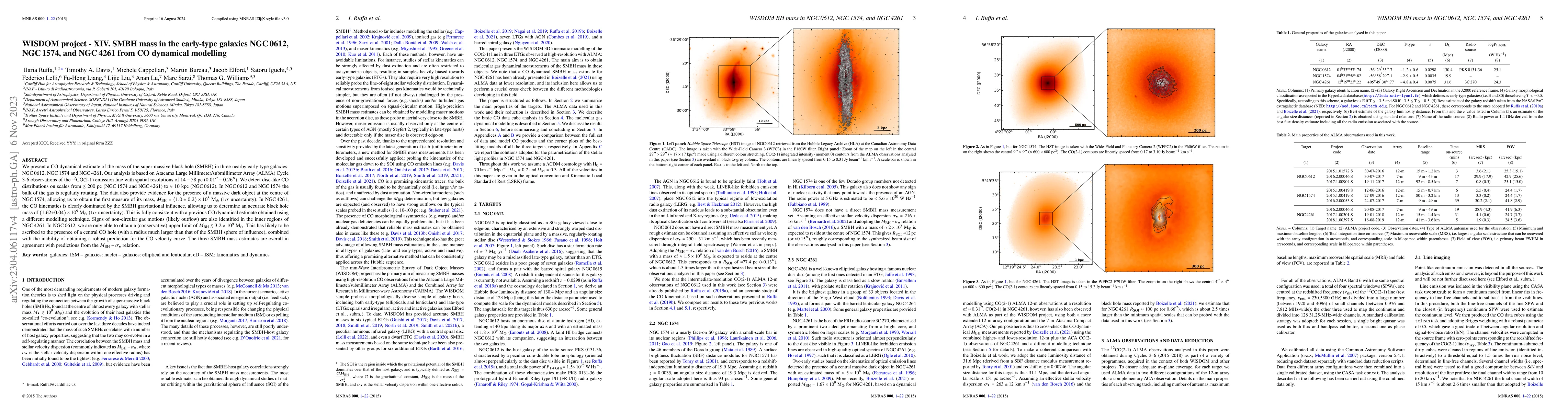 Thumbnail for WISDOM project -- XIV. SMBH mass in the early-type galaxies NGC0612,
  NGC1574, and NGC4261 from CO dynamical modelling
