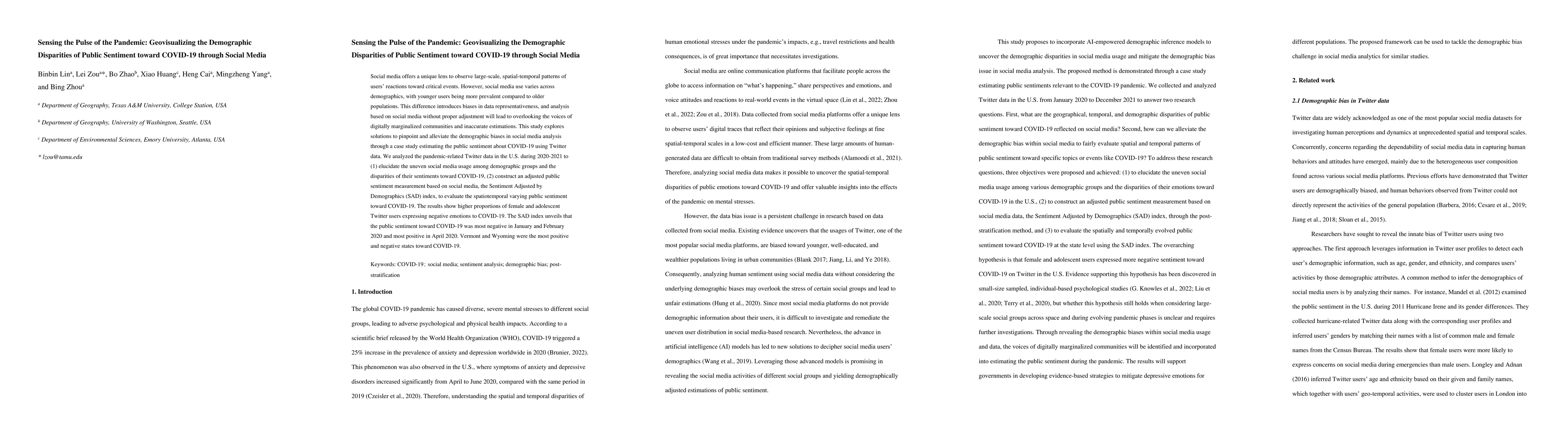 Thumbnail for Sensing the Pulse of the Pandemic: Geovisualizing the Demographic
  Disparities of Public Sentiment toward COVID-19 through Social Media